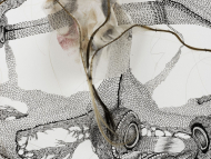 rapidógrafo, paños desmaquilladores, pelo sintético, pelo natural  y piel de iguana sobre papel. 1,02 x 66 cm