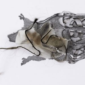 rapidógrafo, paños desmaquilladores, pelo sintético ,pelo natural   y piel de iguana sobre papel. 112 x56 cm