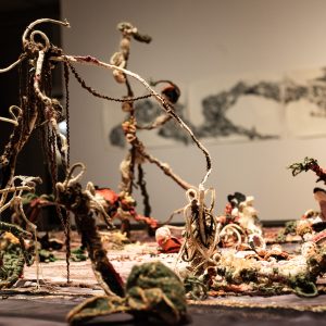 De la serie :De una vida a otra. Umbrales afectivos y 
materias sorprendentes .
2026
Detalles tela sublimada y bordada a mano, pelo humano 
y piel de iguana.