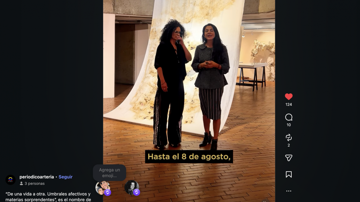La artista colombiana Anamaría Devis trabajando en su taller, manipulando seda y materiales orgánicos rodeada de luz natural.