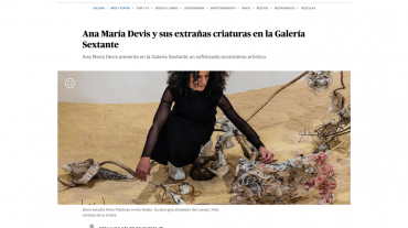 Vista detallada de una obra textil y orgánica de Anamaría Devis en su exposición en la Galería Sextante.